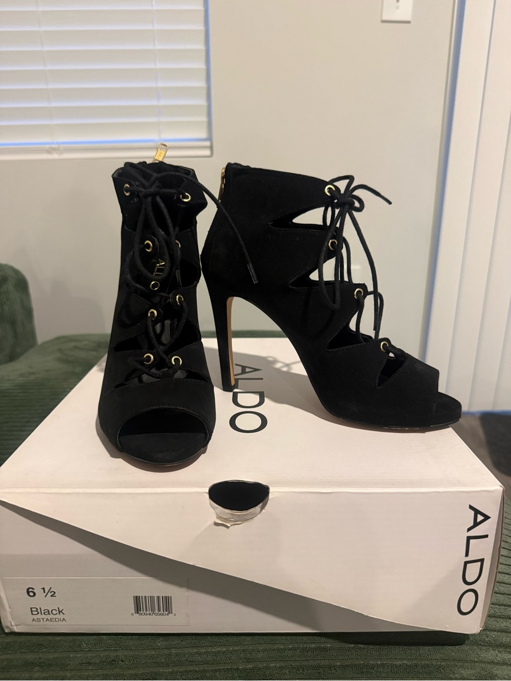 ALDO Astaedia Black Lace Up Peep Toe Stiletto Booties Size 6.5
